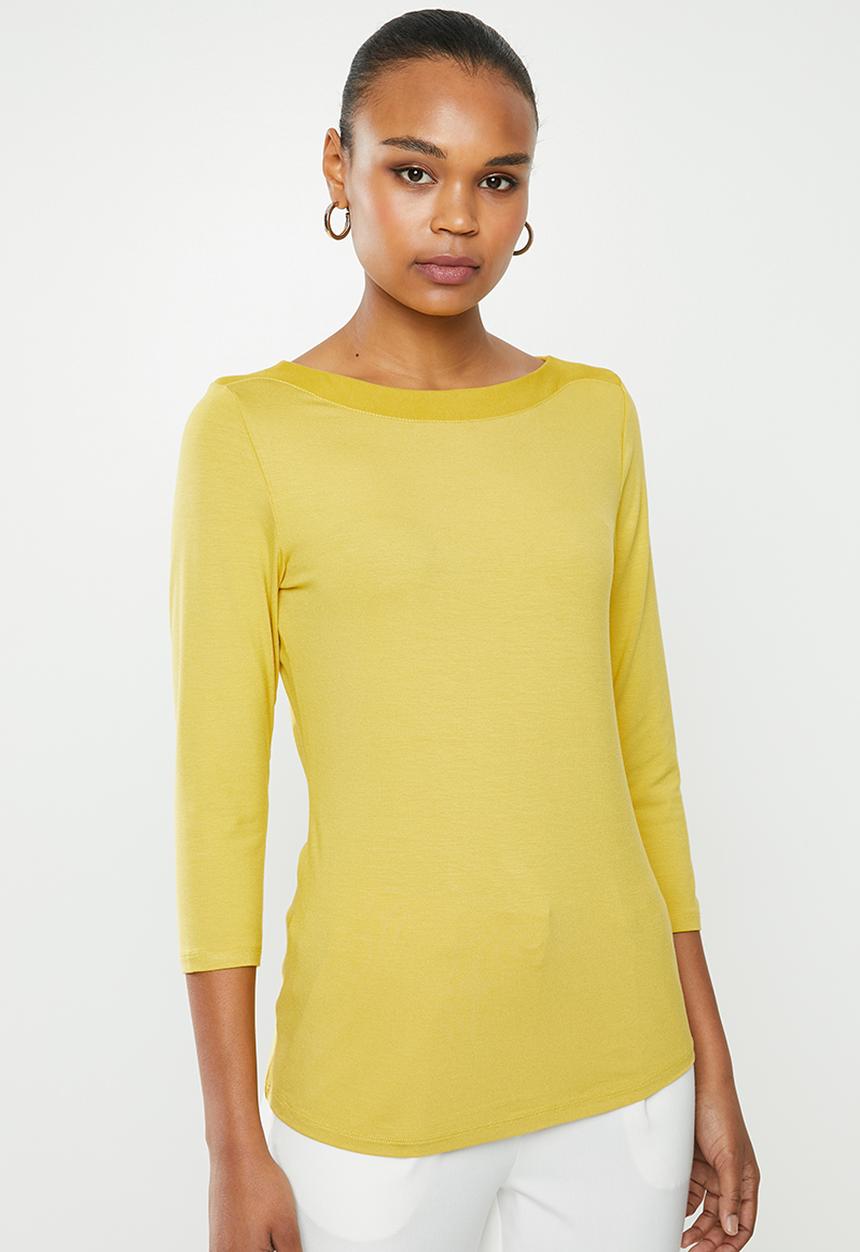 edit - Long sleeve knit woven slash neck tee - yellow