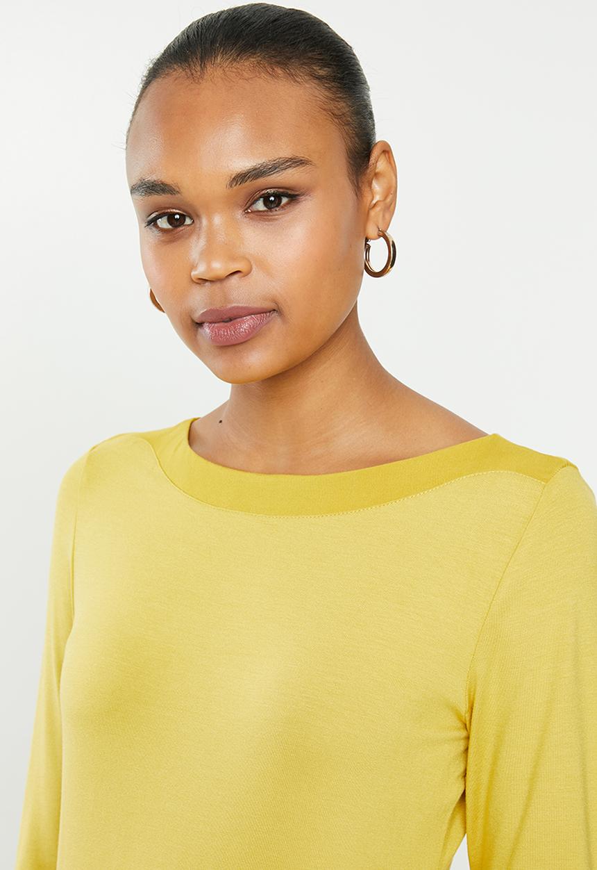 edit - Long sleeve knit woven slash neck tee - yellow