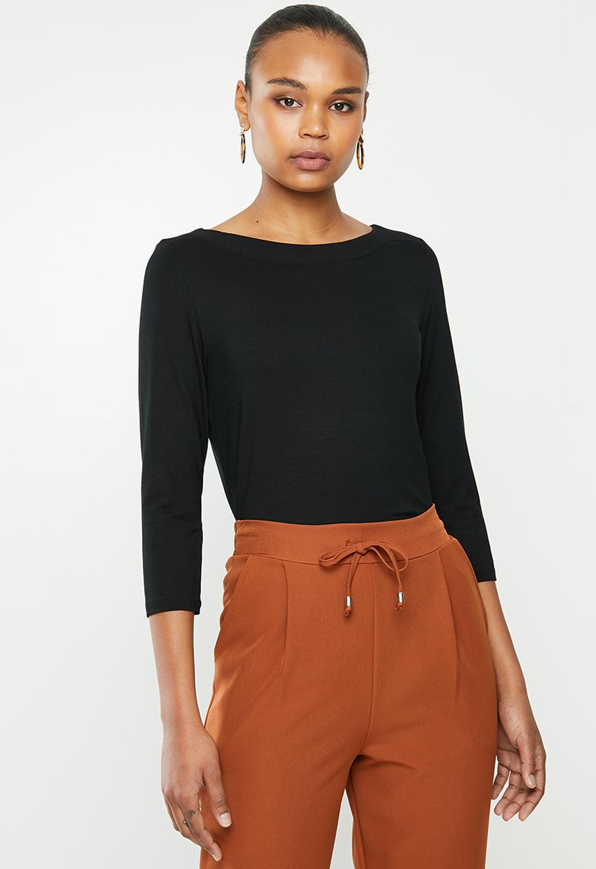 edit - Long sleeve knit woven slash neck tee - black