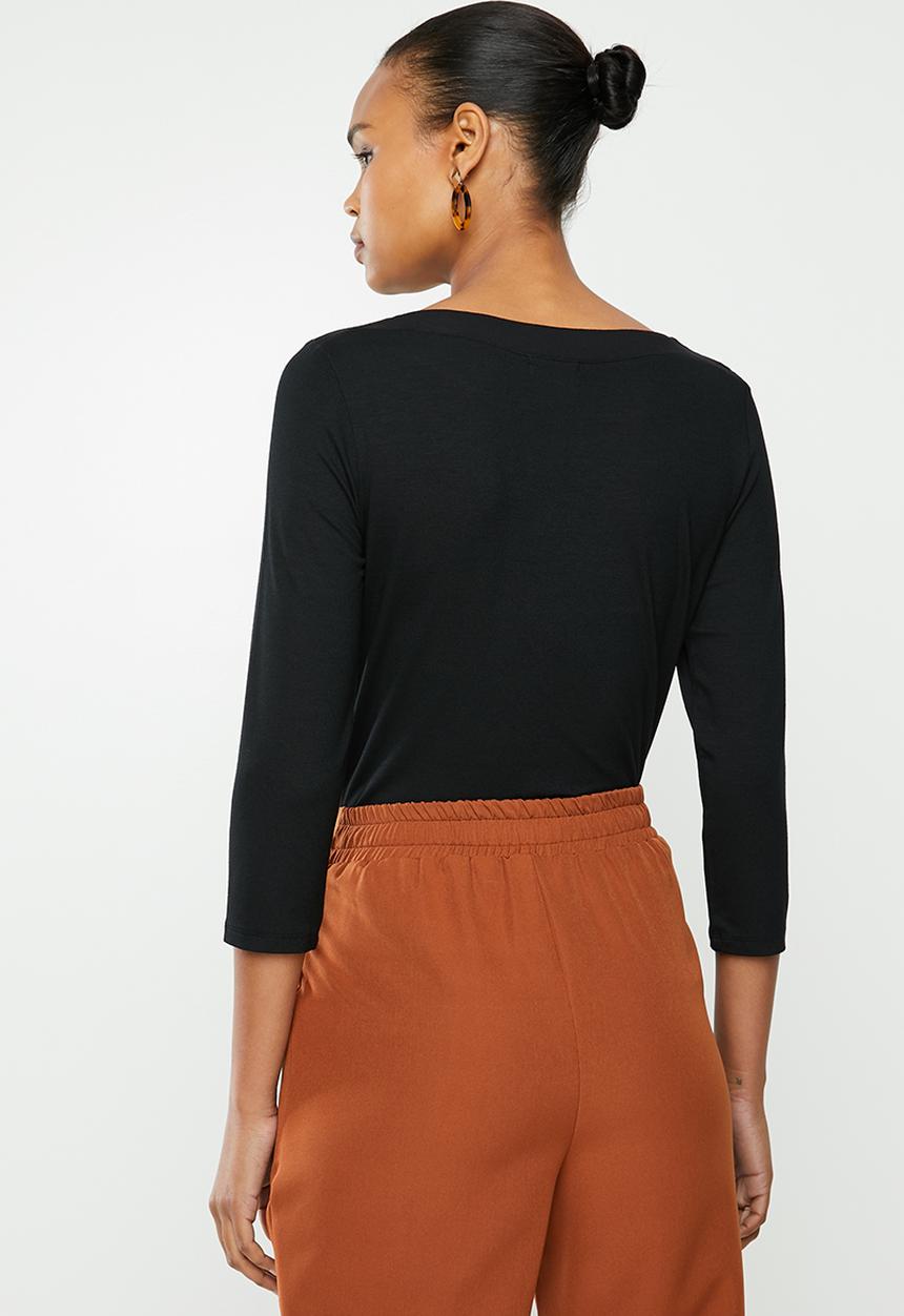 edit - Long sleeve knit woven slash neck tee - black