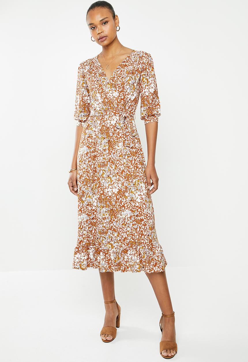 edit - Balloon sleeve tier wrap dress - rust 