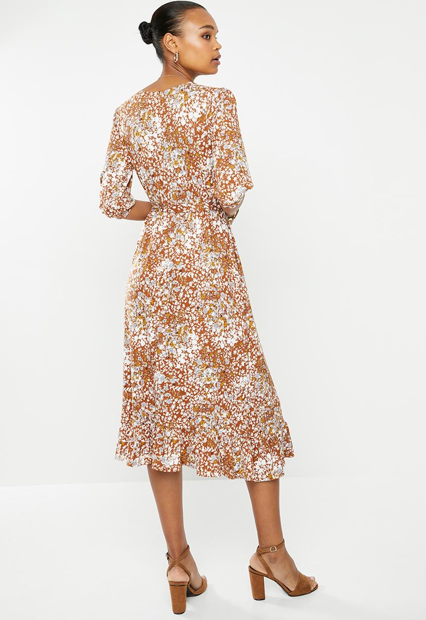 edit - Balloon sleeve tier wrap dress - rust 
