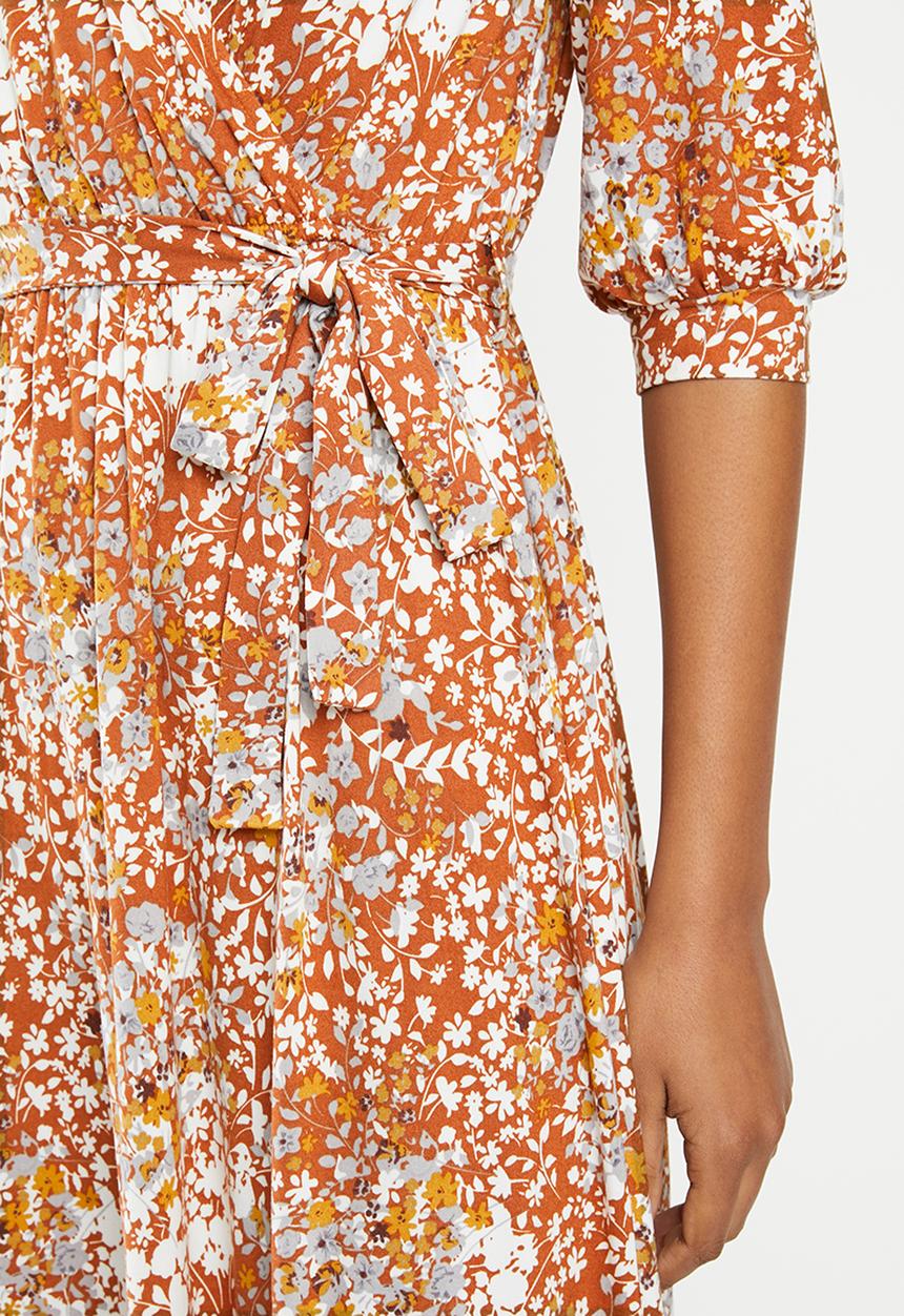 edit - Balloon sleeve tier wrap dress - rust 