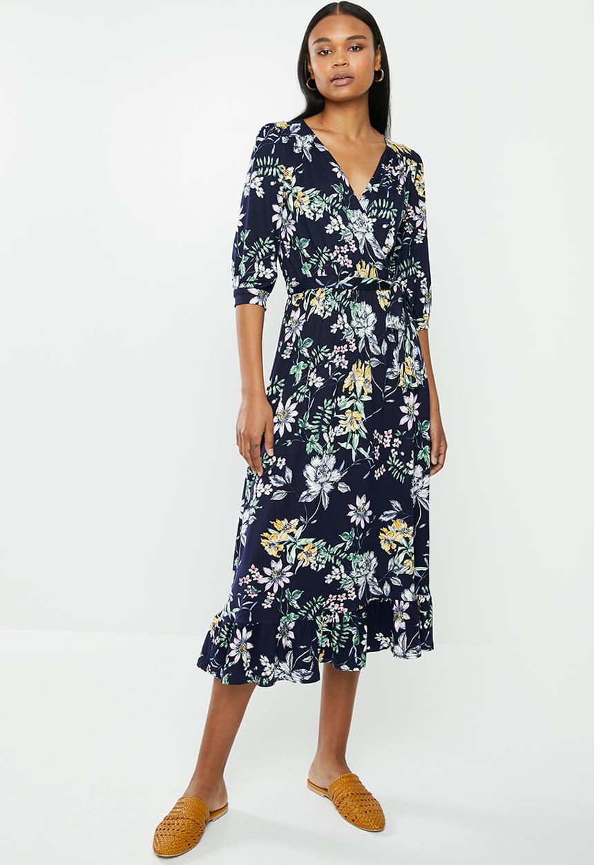 edit - Balloon sleeve tier wrap dress - navy 