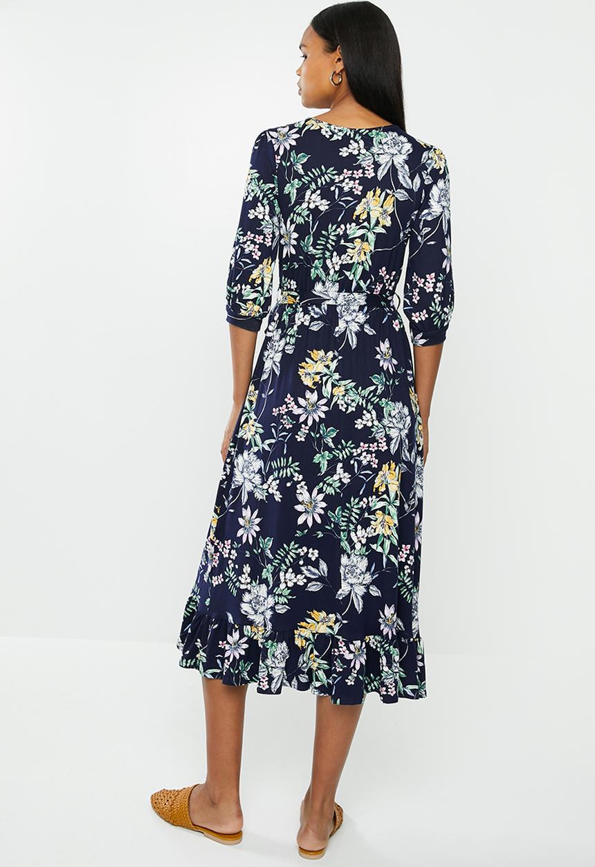 edit - Balloon sleeve tier wrap dress - navy 