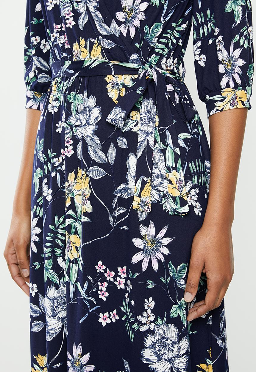 edit - Balloon sleeve tier wrap dress - navy 