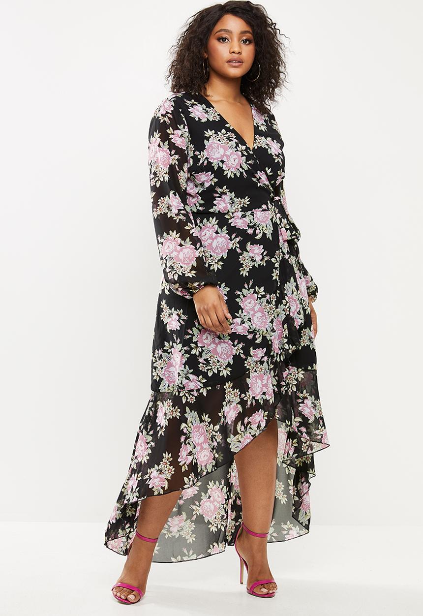 Missguided - Plus size high low balloon sleeve midi dress floral - black