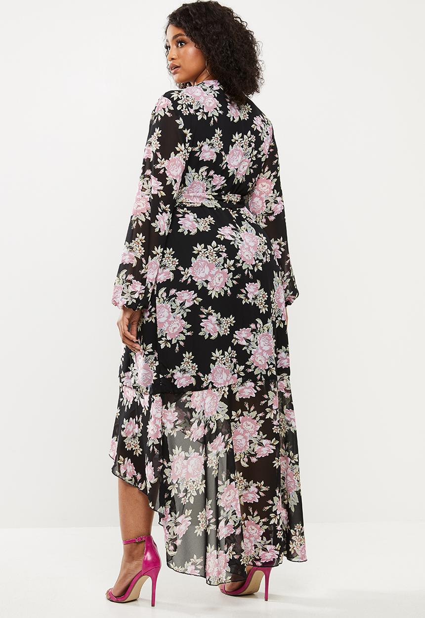 Missguided - Plus size high low balloon sleeve midi dress floral - black