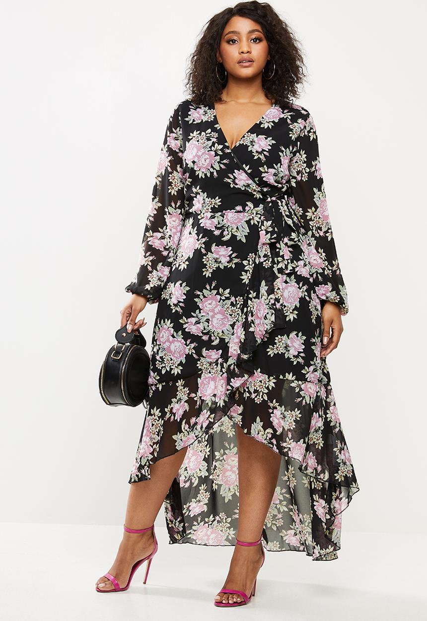Missguided - Plus size high low balloon sleeve midi dress floral - black