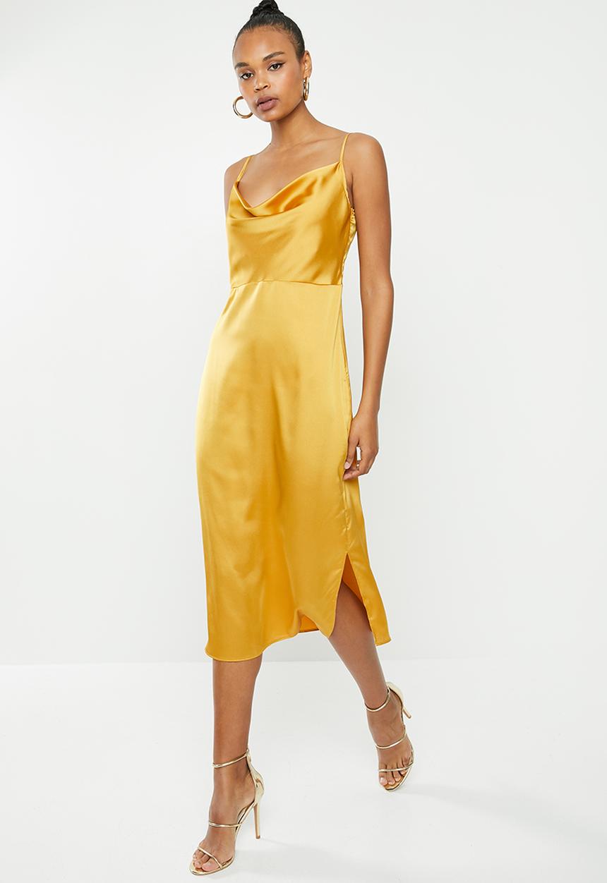 Missguided - Cowl cami slip midi dress satin - yellow