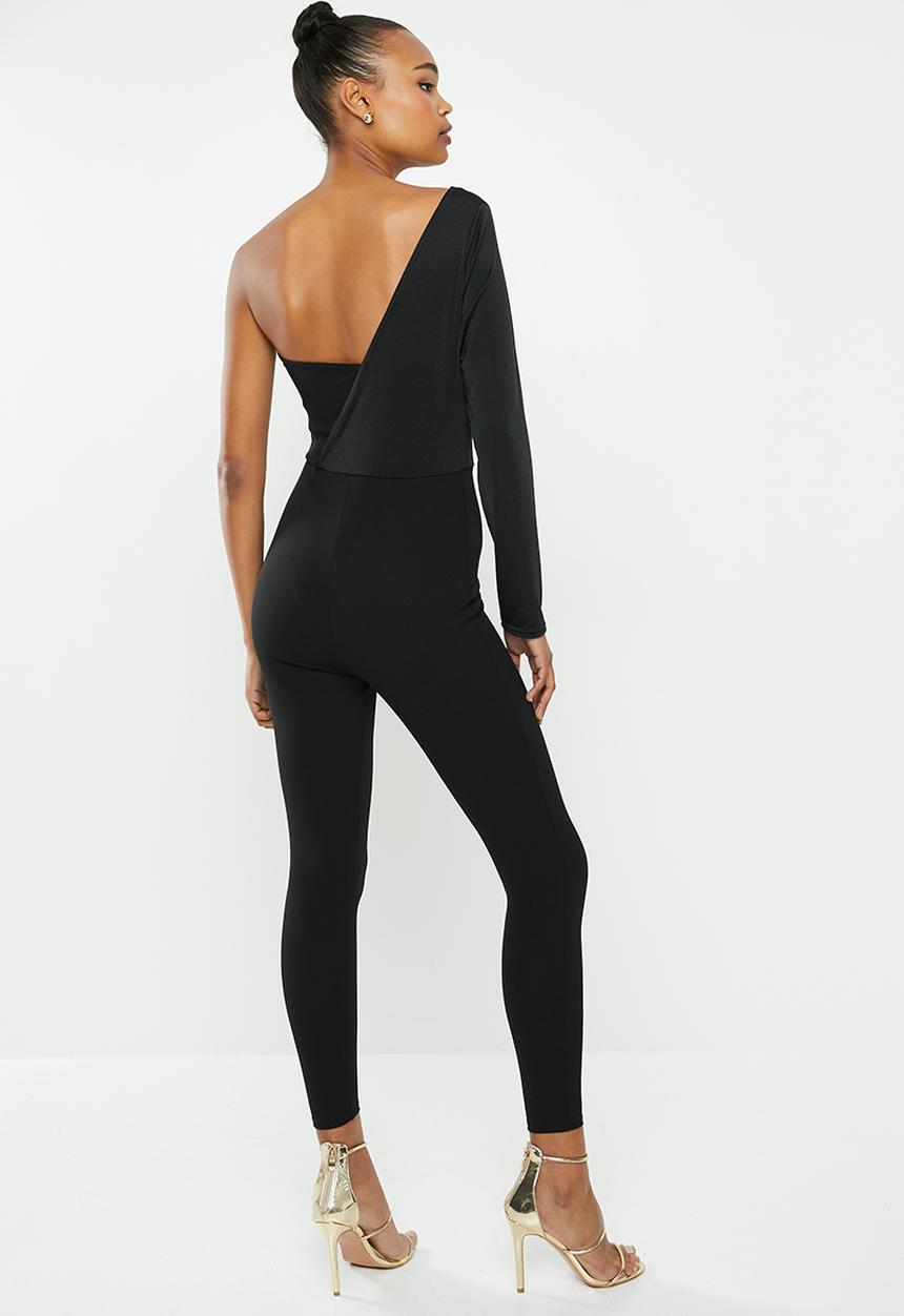 Missguided - One shoulder drape belted jumpsuit - black
