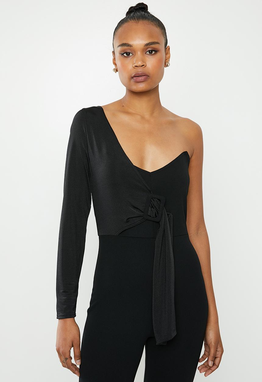 Missguided - One shoulder drape belted jumpsuit - black