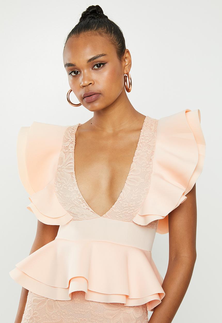 Missguided - Scuba lace ruffle midi dress - pink