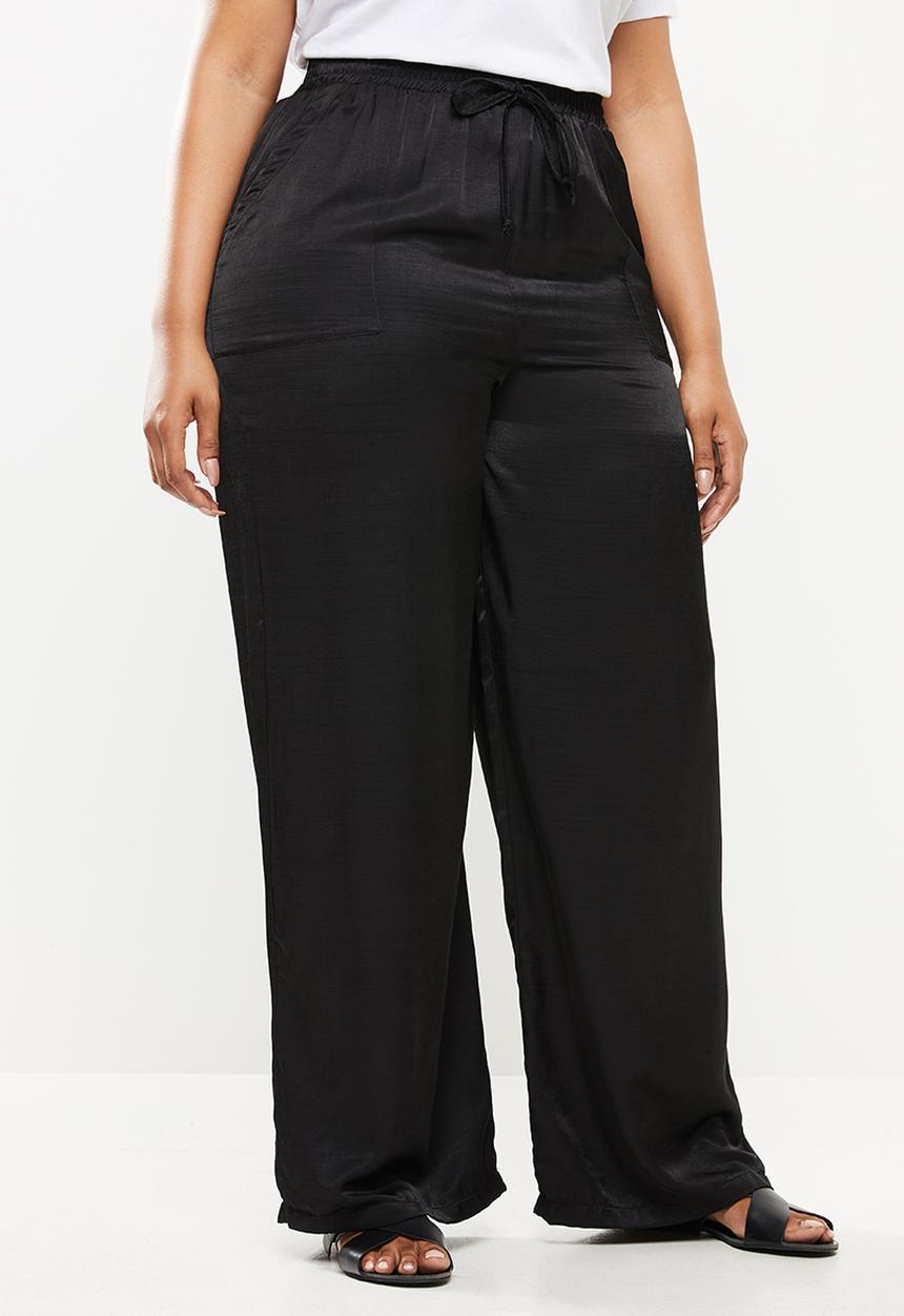 Me&B - Plus satin slub elasticated wideleg lounge pant - black