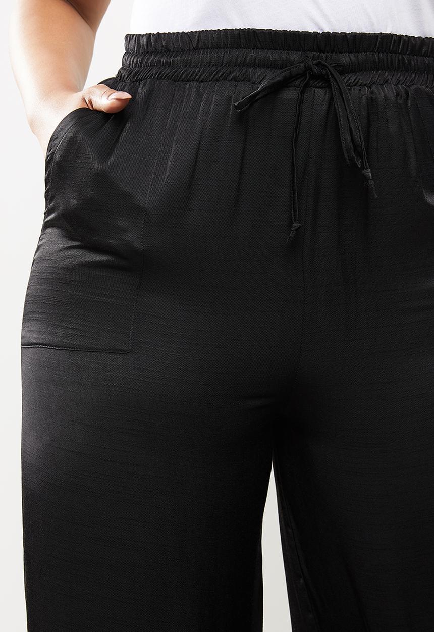 Me&B - Plus satin slub elasticated wideleg lounge pant - black