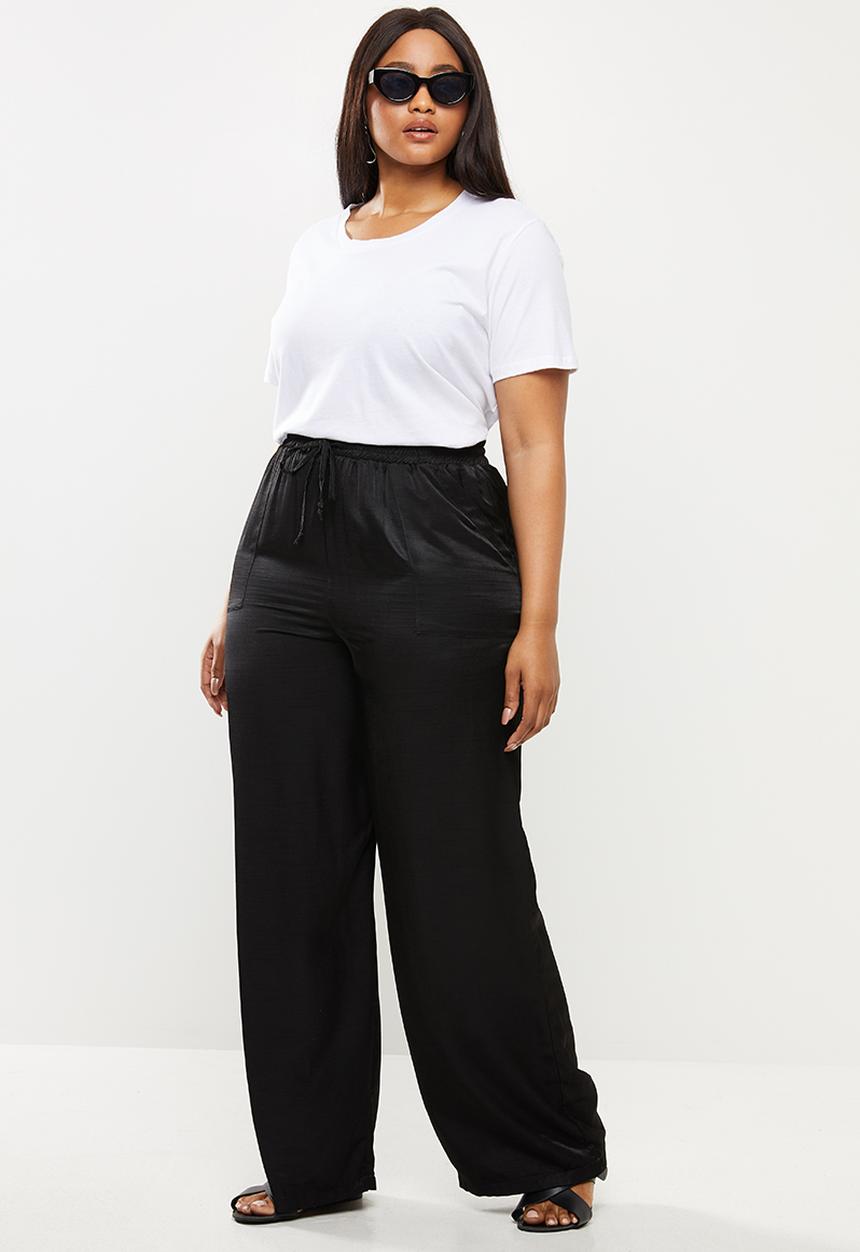 Me&B - Plus satin slub elasticated wideleg lounge pant - black