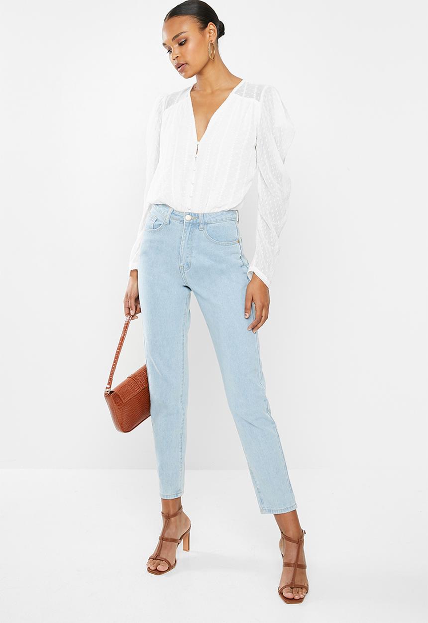 Missguided - Button front puff sleeve embroidered bodysuit - white