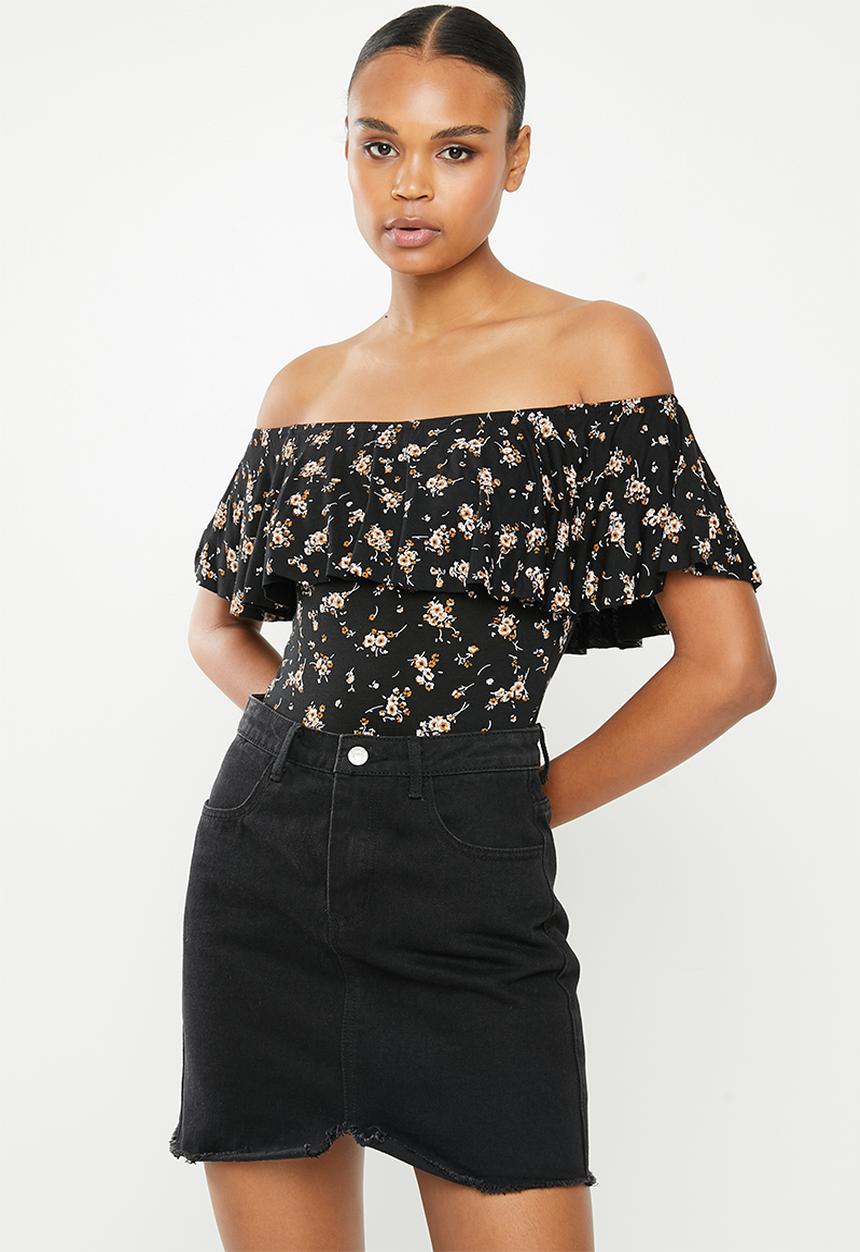 Missguided - Floral bardot frill trim bodysuit - black