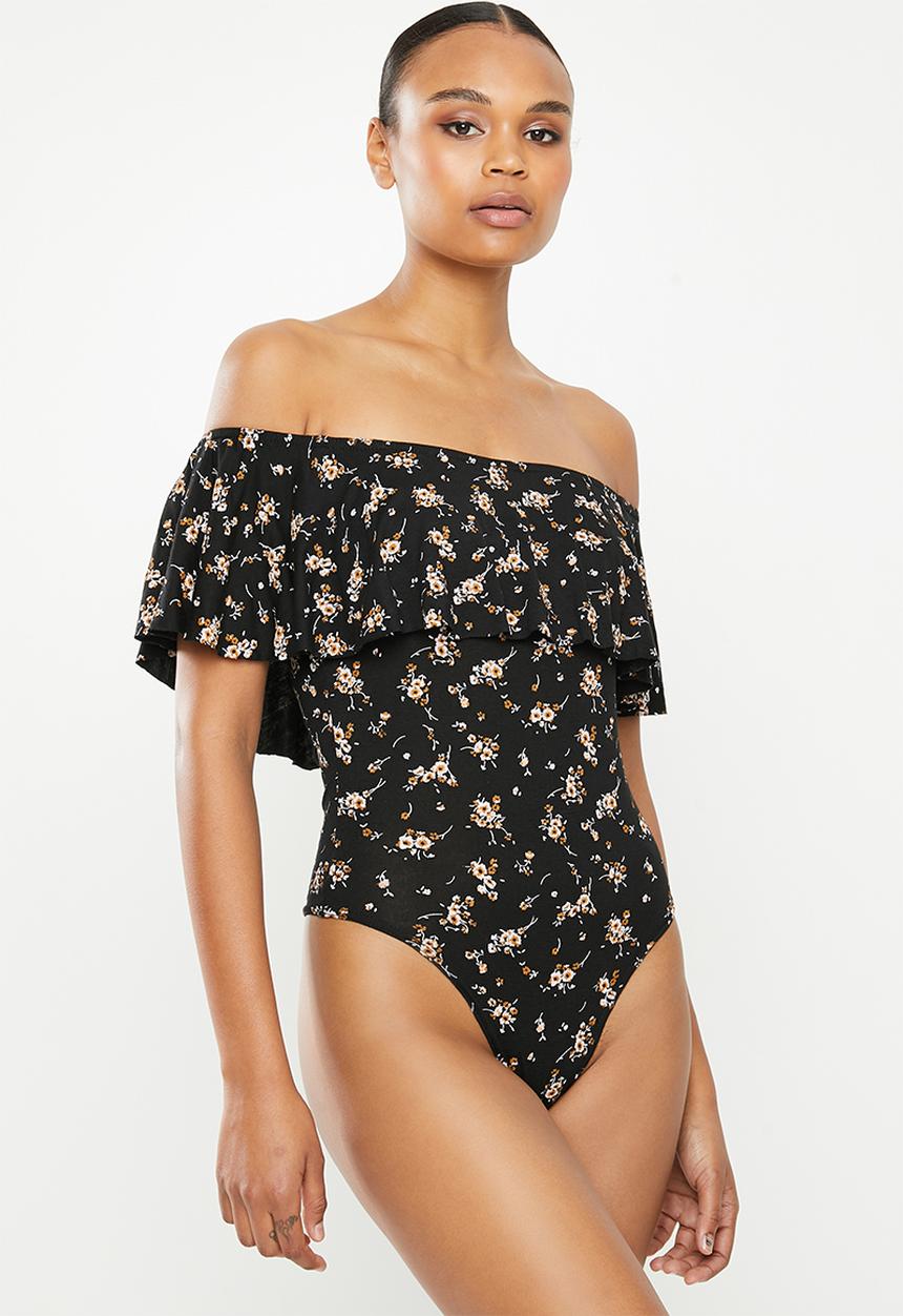 Missguided - Floral bardot frill trim bodysuit - black