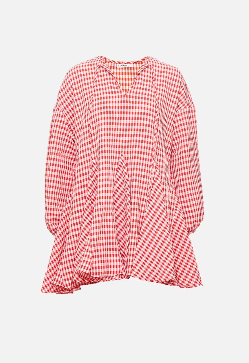 Glamorous - Petite gingham swing dress with front tie - pink & red
