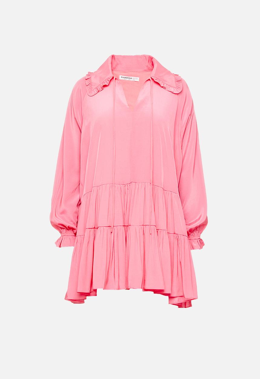 Glamorous - Petite drop waist tiered v neck dress - bright pink