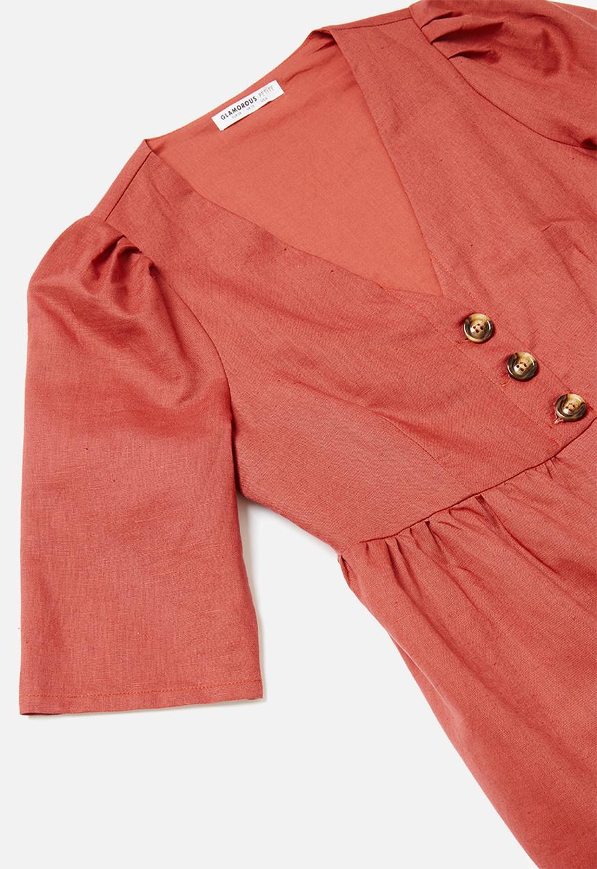 Glamorous - Petite 3/4 sleeve button through mini - faded red