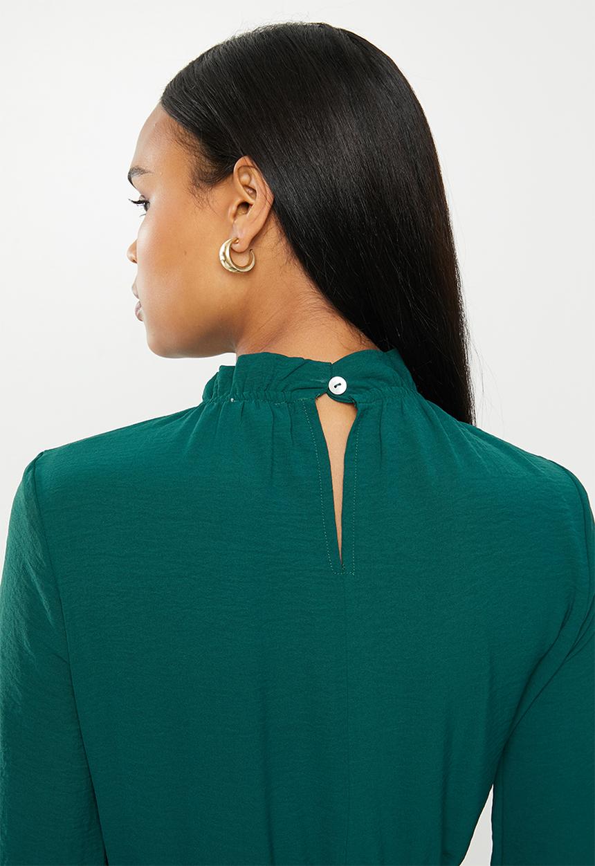 edit - Long sleeve shirred piecrust midi - teal