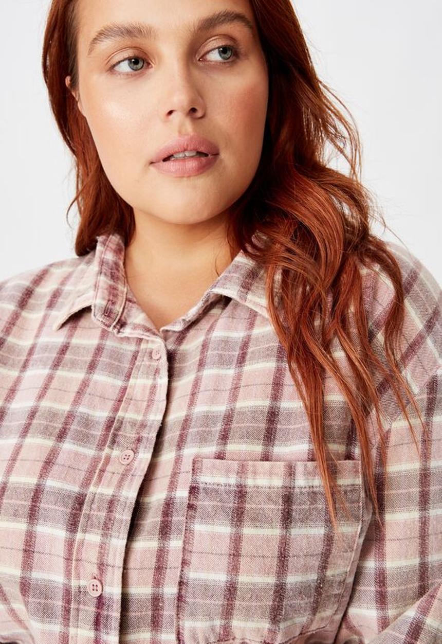 Cotton On - Curve relaxed washed flannel shirt - Alexa check blackberry wine
