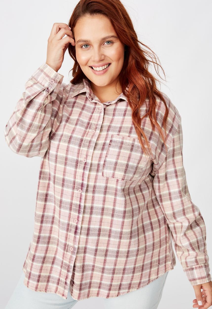 Cotton On - Curve relaxed washed flannel shirt - Alexa check blackberry wine