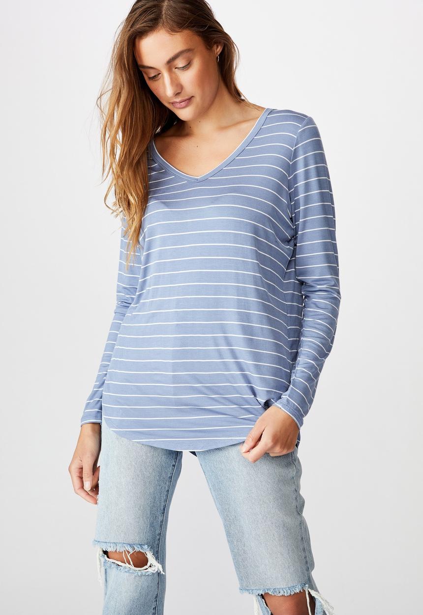 Cotton On - Karly long sleeve top - led stripe infinity blue & white