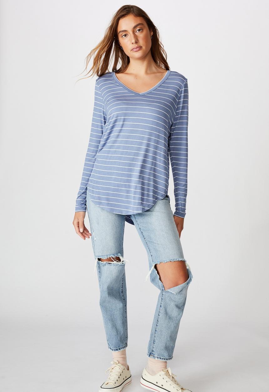 Cotton On - Karly long sleeve top - led stripe infinity blue & white