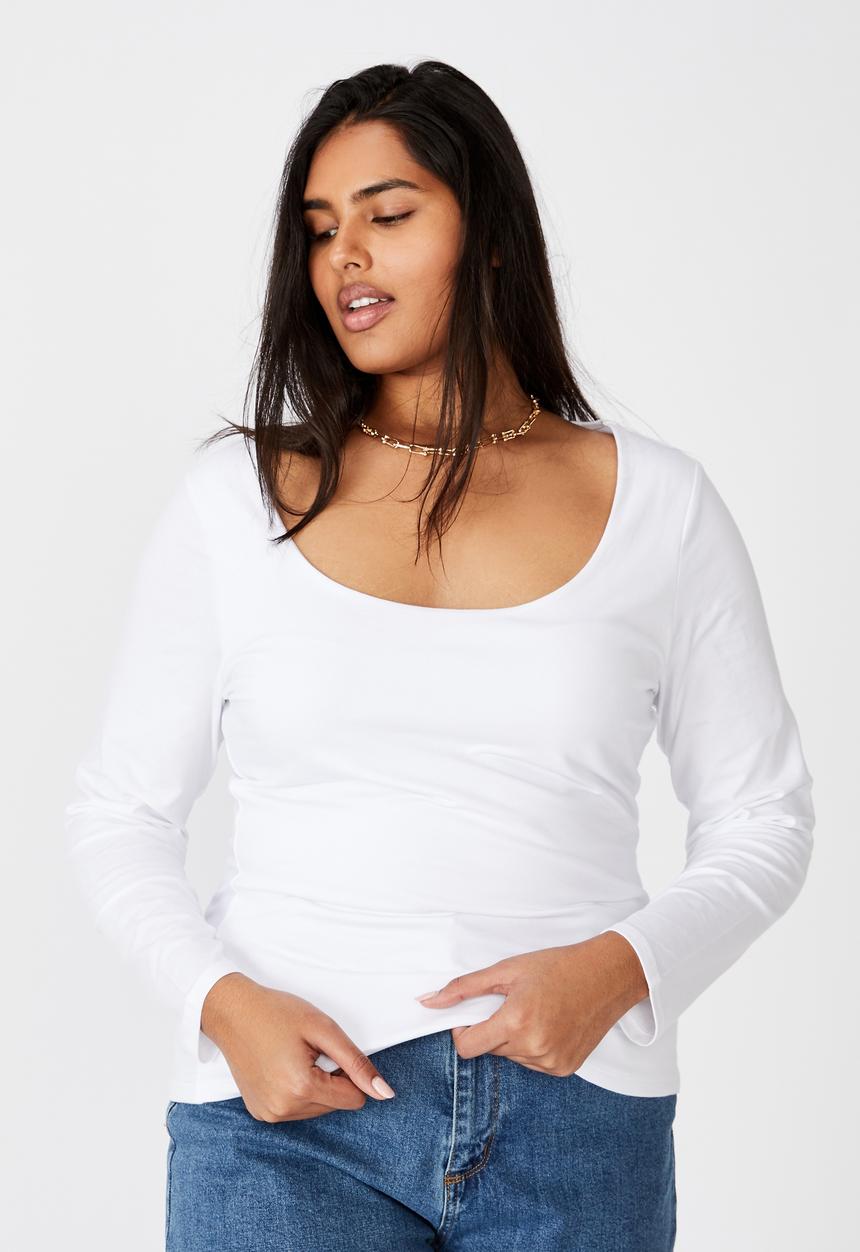 Cotton On - Curve everyday long sleeve scoop top - white