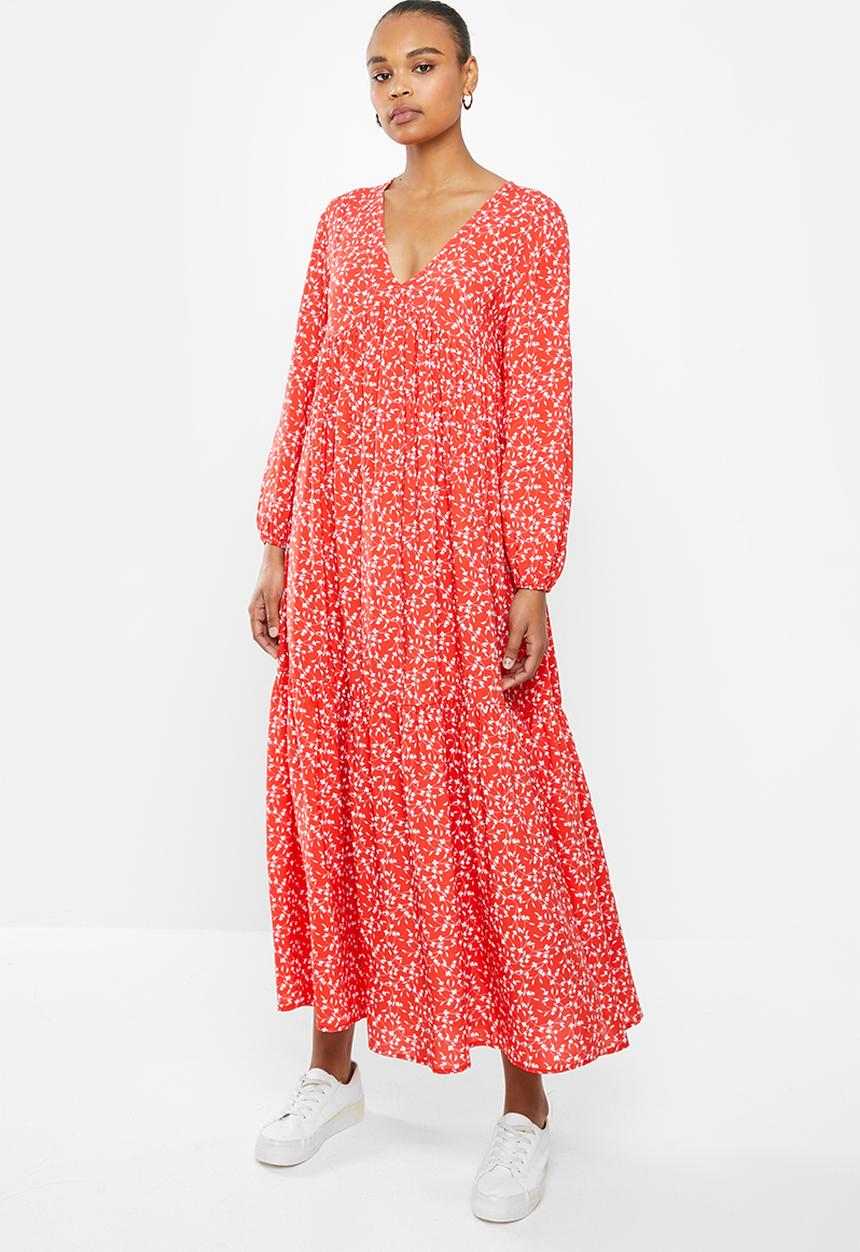 edit - V-neck tiered maxi dress - red 