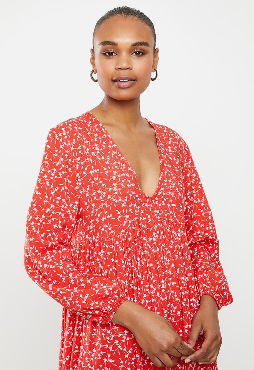 edit - V-neck tiered maxi dress - red 