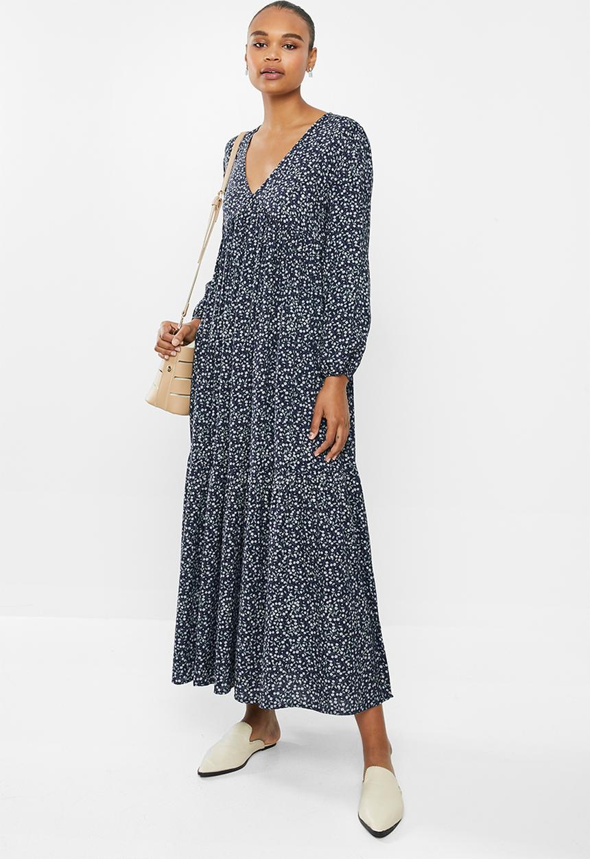 edit - V-neck tiered maxi dress - navy 