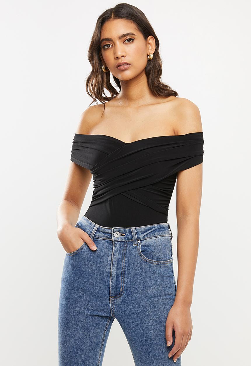 VELVET - Wrap bardot bodysuit - black