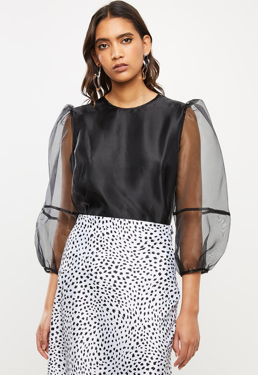 VELVET - Organza round  neck blouse - black