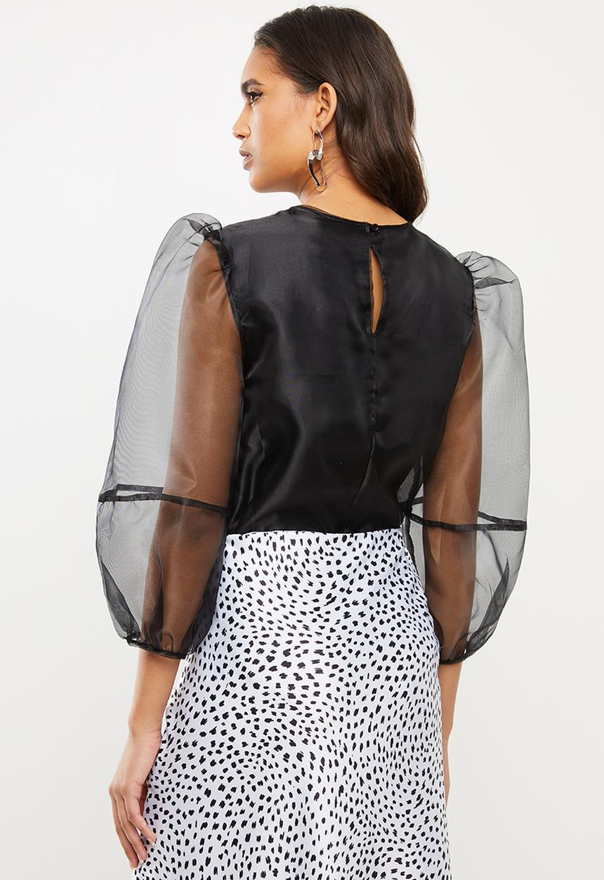 VELVET - Organza round  neck blouse - black