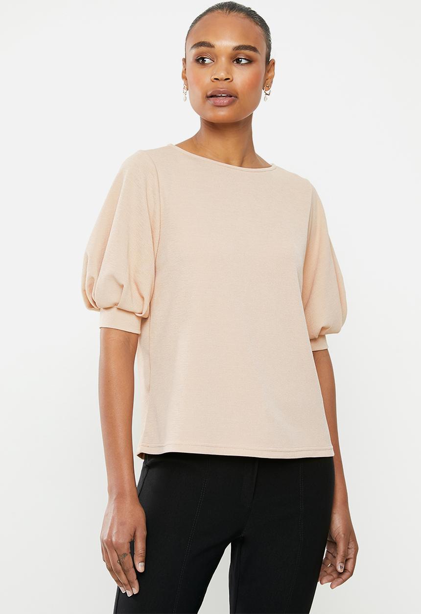 edit - Textured knit puff sleeve tee - nude
