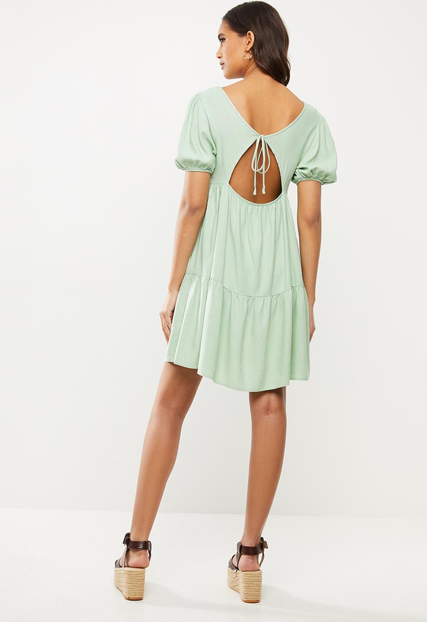 VELVET - Open back tiered mini dress - sage