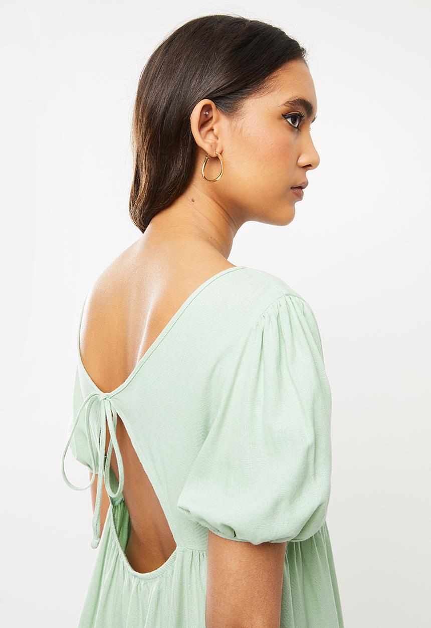 VELVET - Open back tiered mini dress - sage