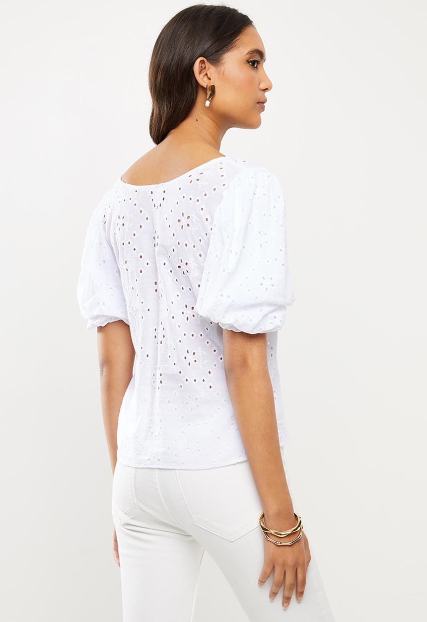VELVET - Double puff ballon sleeve shell top - white
