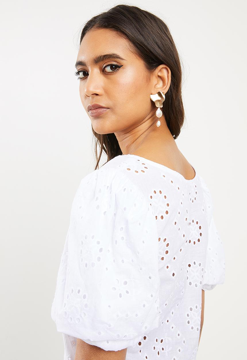 VELVET - Double puff ballon sleeve shell top - white