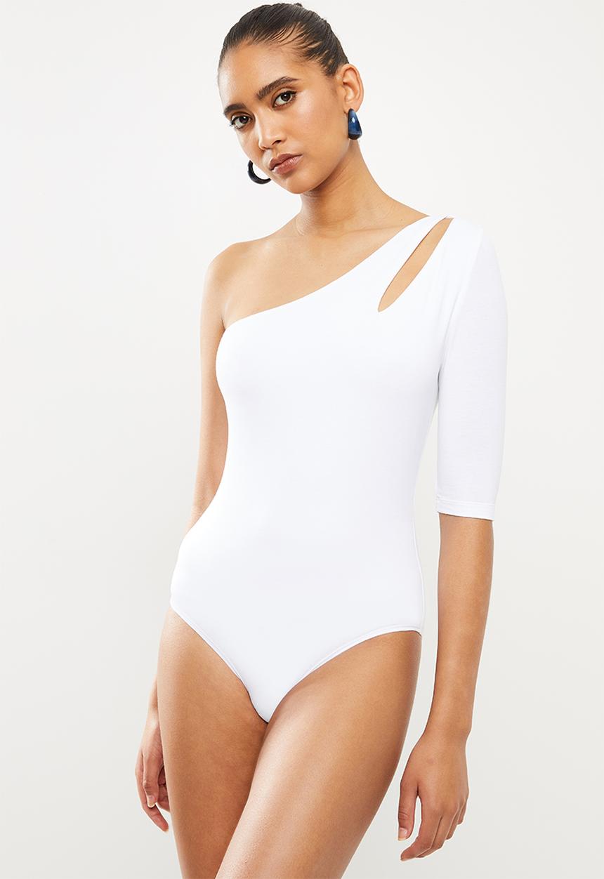Blake - Asymmetric bodysuit with ballet sleeve - white