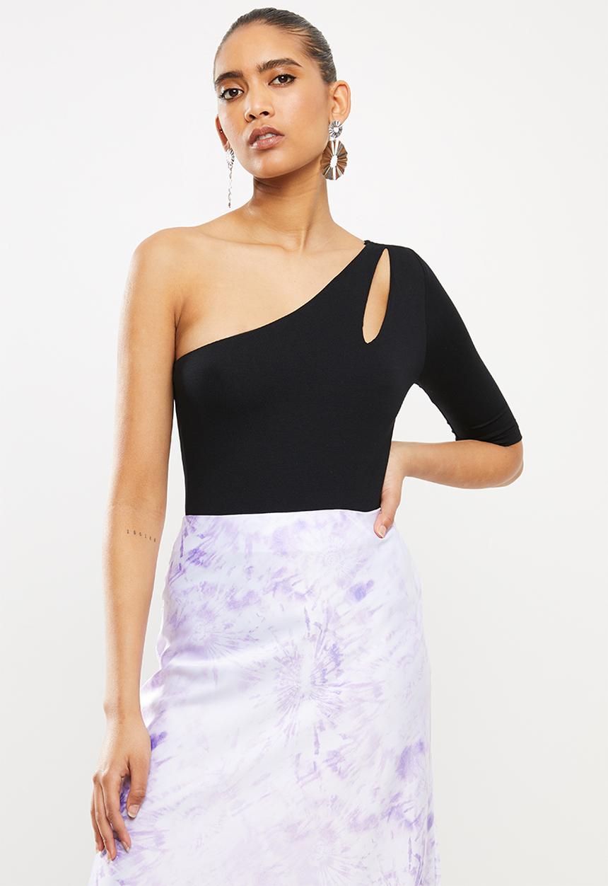 Blake - Asymmetric bodysuit with ballet sleeve - black