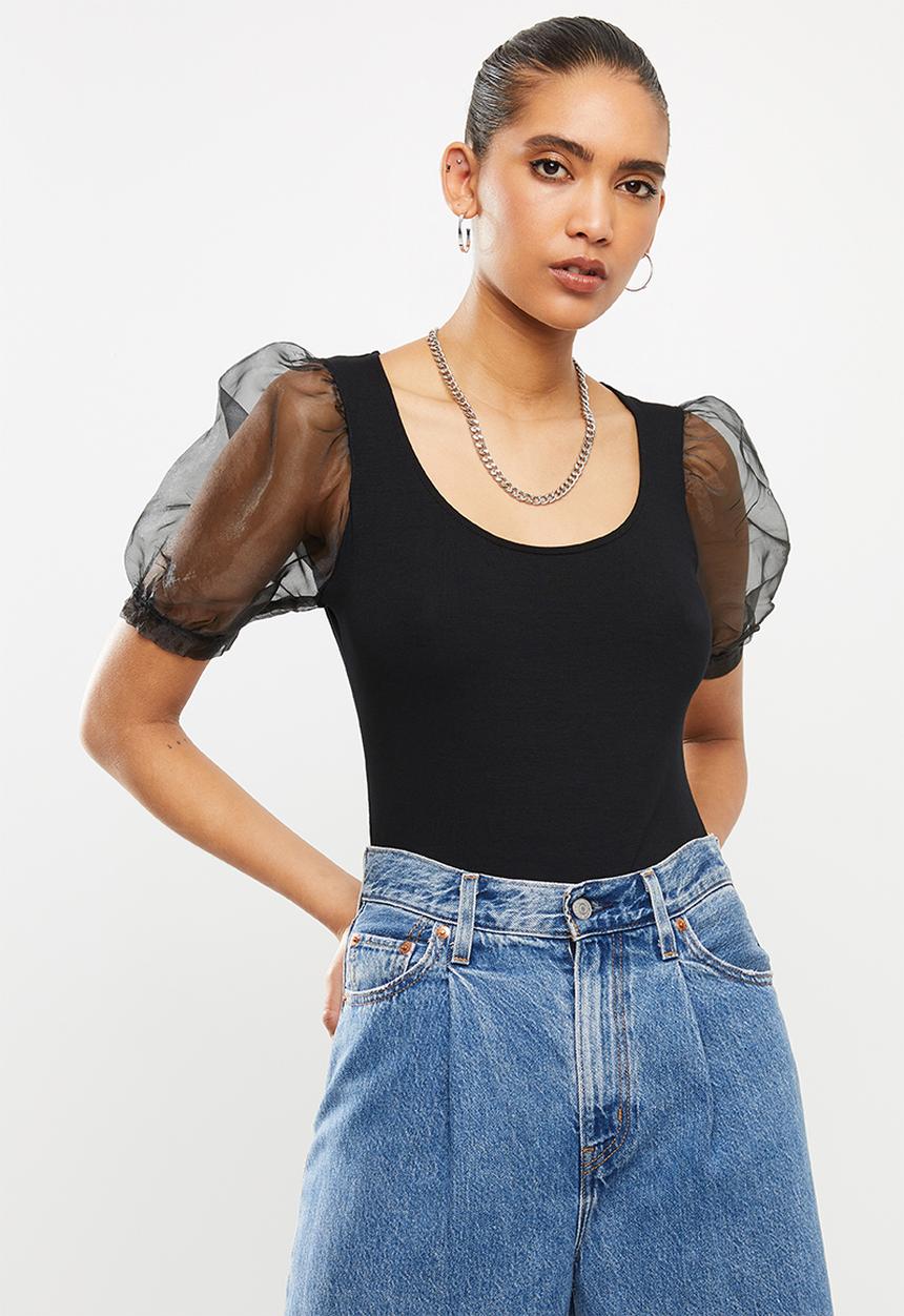 Blake - Combo T-shirt with organza sleeves - black