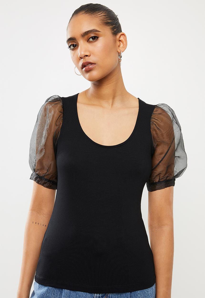 Blake - Combo T-shirt with organza sleeves - black