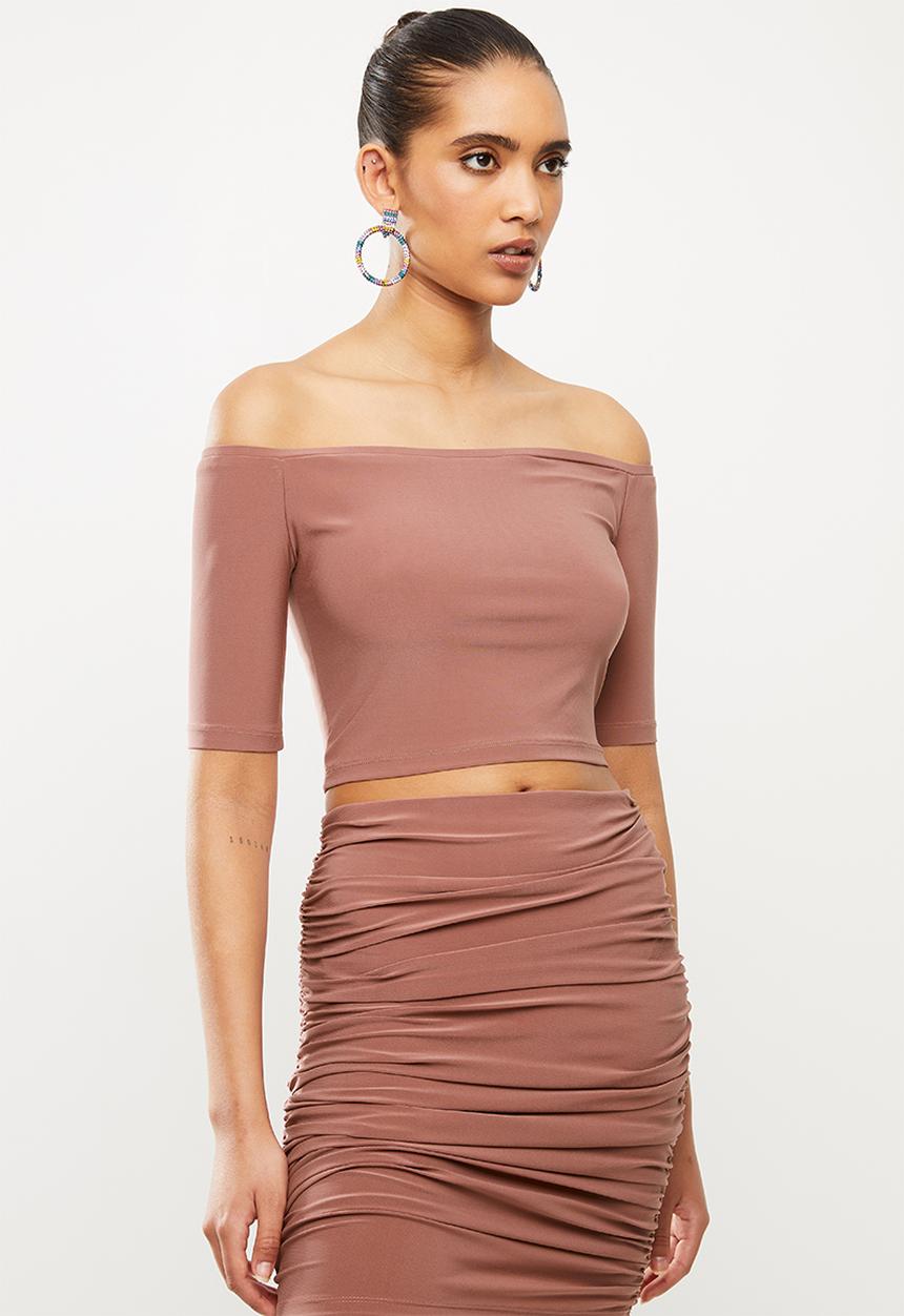 Blake - Bardot crop top with ballet sleeves - pink