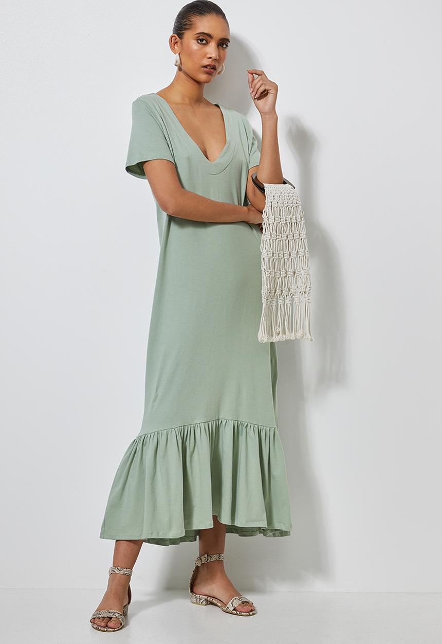 Superbalist - V-neck dress with tiered hem - sage