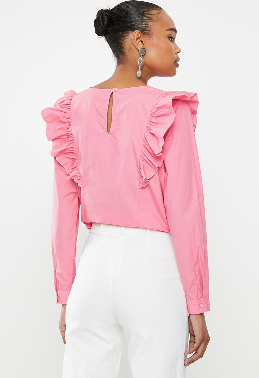 Jacqueline de Yong - Tesha long sleeve ruffle top - pink